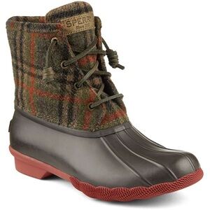 Sperry Waterproof Saltwater Duck Boots Brown Flannel Plaid Ankle Hiker